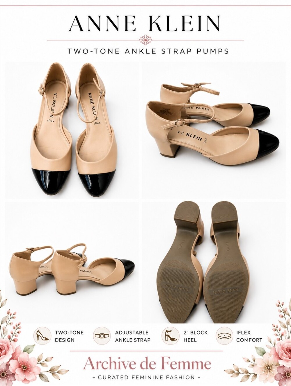 Anne Klein iFlex Nude/Black Cap Toe Ankle Strap Block Heel Pumps | Size 8.5 - Picture 5 of 7